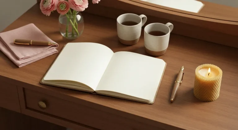 Notes, dwie filiżanki herbaty, świeca i kwiaty na drewnianym stoliku