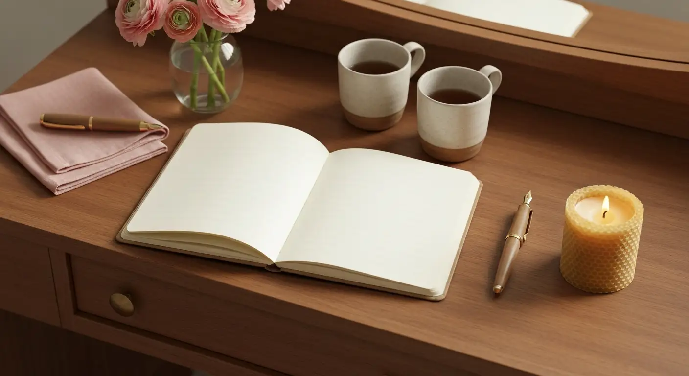 Notes, dwie filiżanki herbaty, świeca i kwiaty na drewnianym stoliku